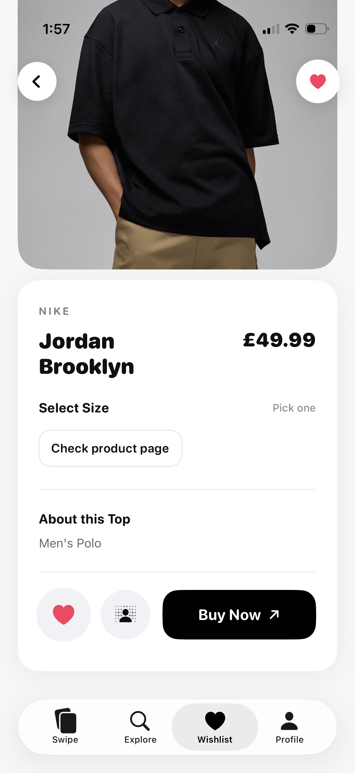 Swyle product detail page with size selector and Buy Now button