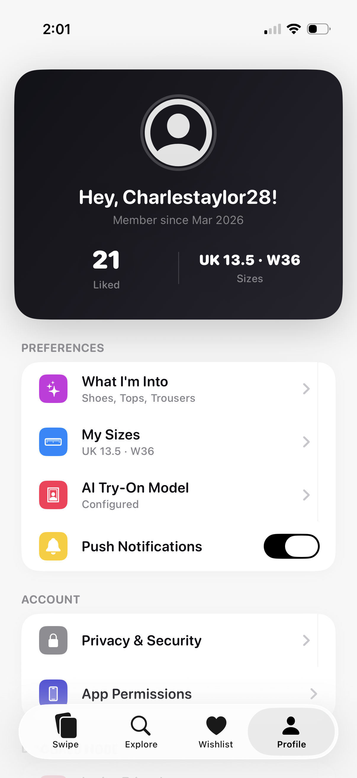 Swyle profile and settings