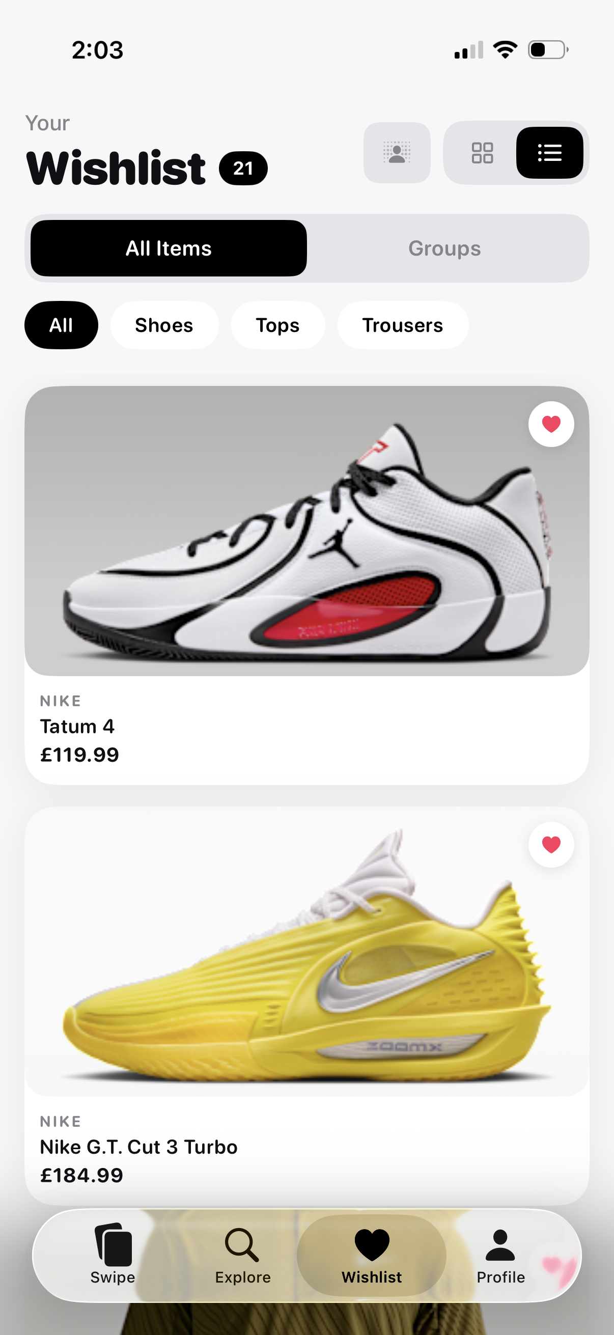 Swyle wishlist list view