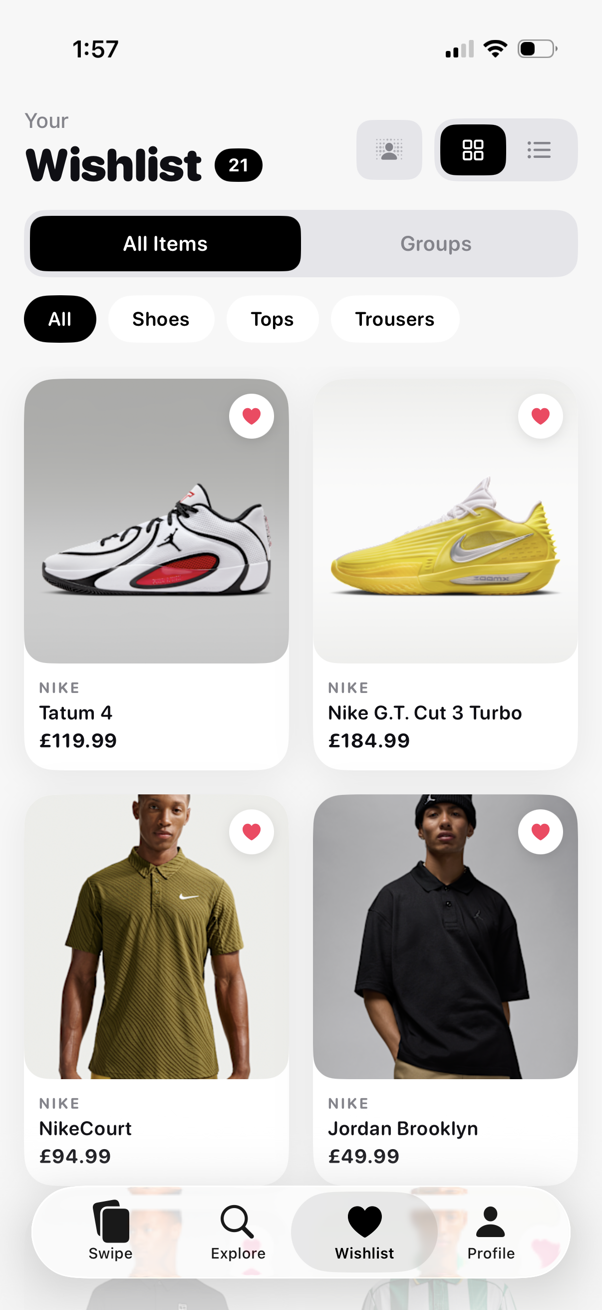 Swyle wishlist grid view with saved fashion items